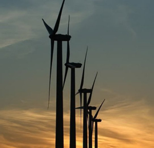 wind farm at sunset